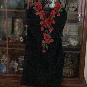 Elegant Black Dress with Red Floral Embroidery